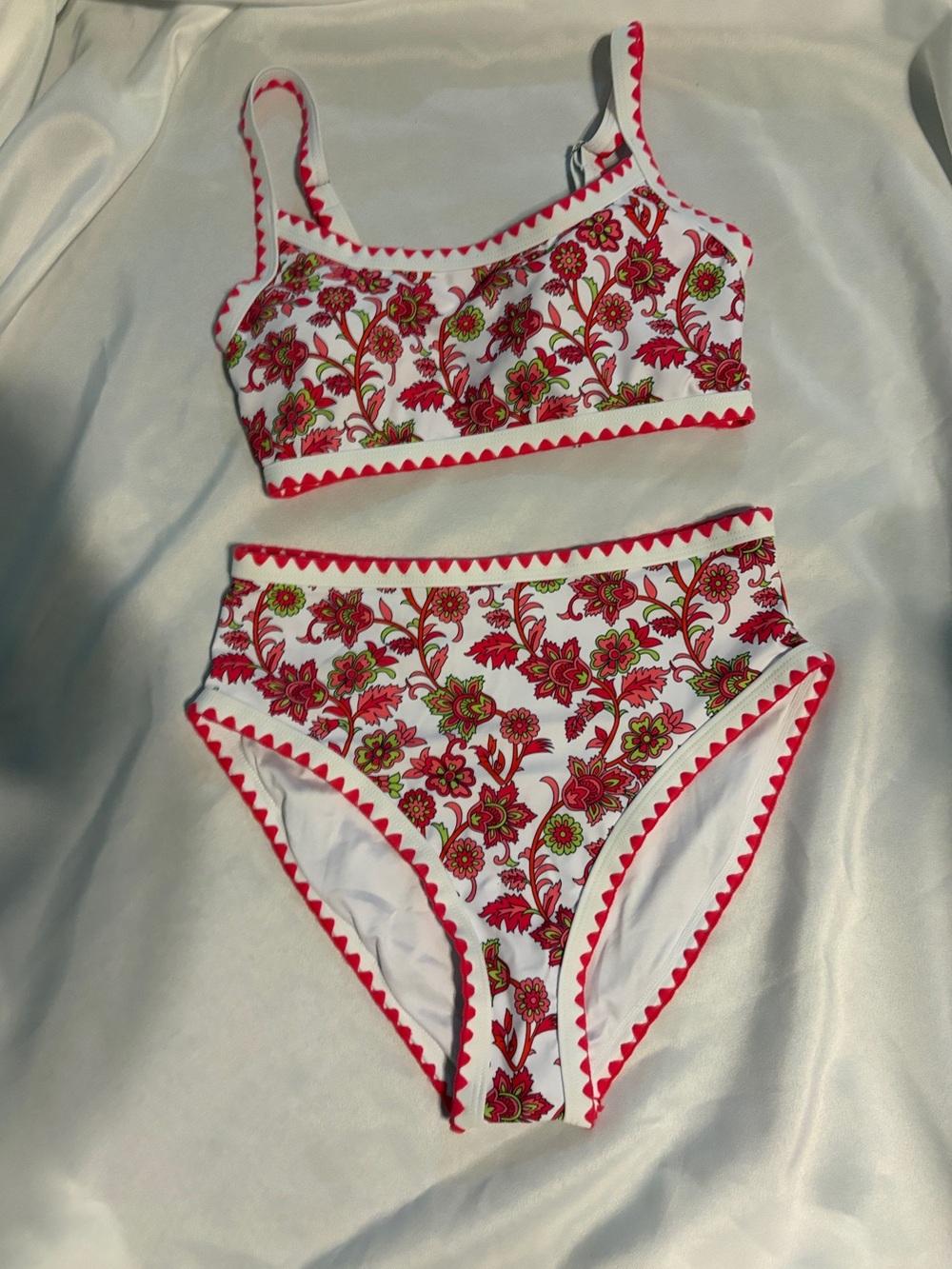 Floral High-Waist Bikini Set - White with Red & Green Floral Print